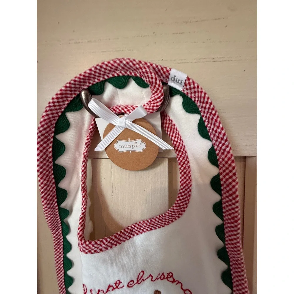 Mud Pie My First Christmas Reindeer Baby Bib Red Gingham Minky Dot NWT